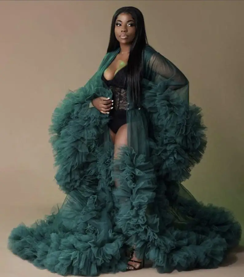 

Green Photography Dress See Thru Prom Dresses With Puff Full Sleeves Prom Gowns Ruffles Tiered Pregnant Woman Long Robe Fashion