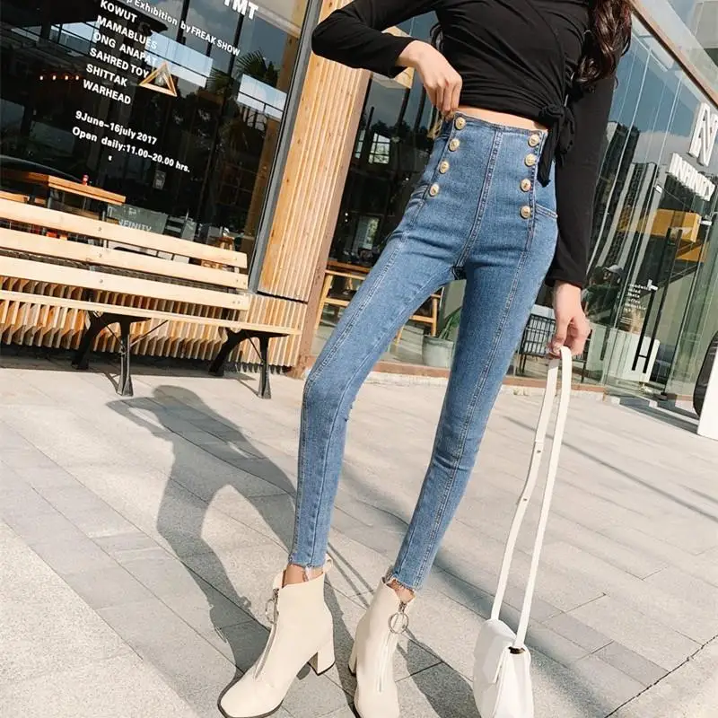 

Women Autumn High Waist Pencil Jeans Skinny 2019 New Double Breasted Denim Pants Retro Solid Trousers