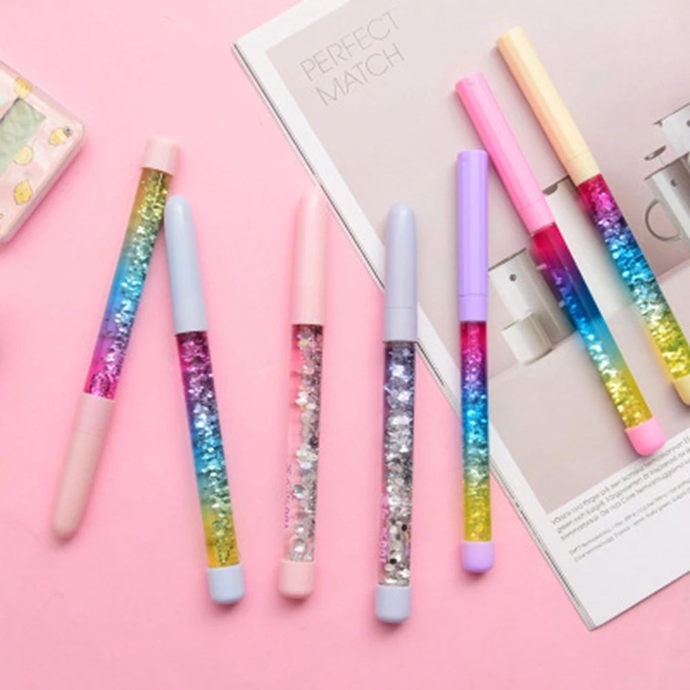 

7Pcs Cute Fairy Stick Ballpoint Pen Drift Sand Glitter Crystal Pen Rainbow Color Creative Ball Pen Office Pen Novelty Stationery