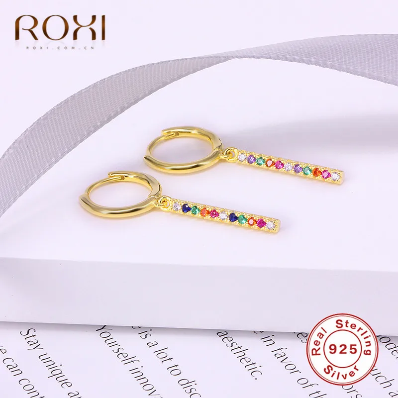 ROXI, простой дизайн, 925 пробы, Серебряные длинные серьги, Золотая Радуга, CZ Huggie, ювелирные изделия для женщин, дешевые корейские сережки-шпильки, Brincos