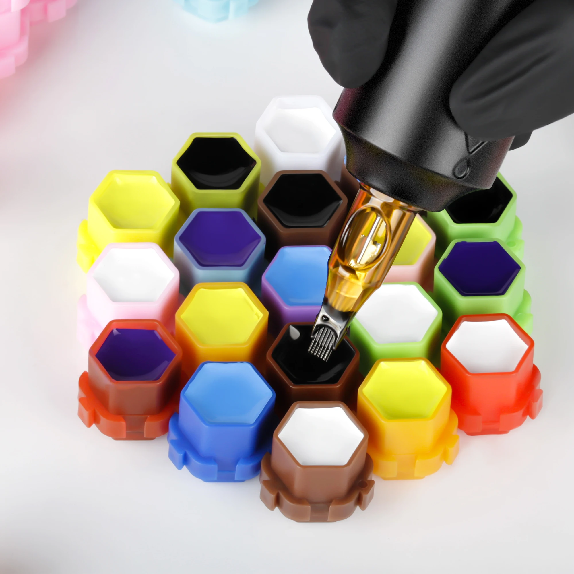 

200 Pcs Tattoo Ink Cups Honeycomb Design Ink Cups Disposable Tattoo Ink Cups Permanent Makeup Pigment Clear Holder Container Cap