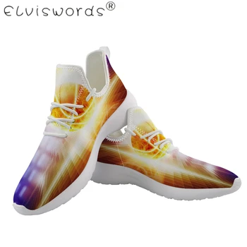 

ELVISWORDS New Fashion White Flying weave shoes Basketball on fire Printed Men Women sneakers Knitting Mesh Sneakers For boy