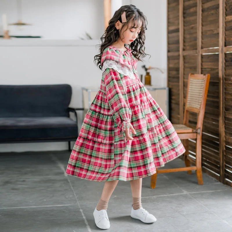 

3-16Y Kids Autumn 2019 Cotton Red Yellow Girls Clothes England Style Plaid Lace Collar Design Baby Girls Long Sleeve Dress CL074