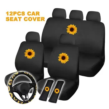 

12PCS Car Seat Cover Set Steering Wheel Cover Sunflower Print Universal Automobile Seat Covers For Seat Protector Interior Acces