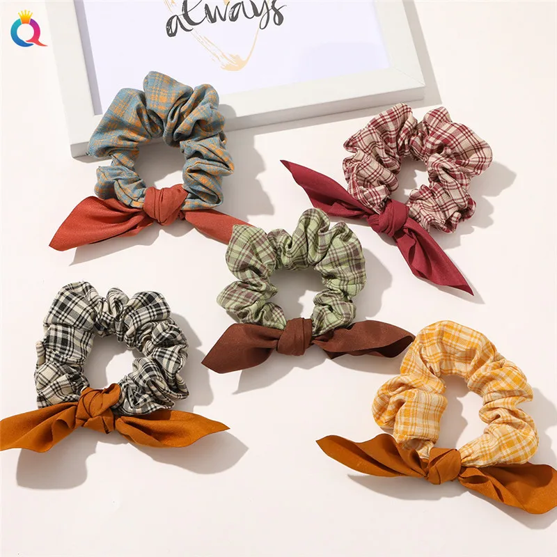 Style français Plaid motif chouchous rétro filles cheveux corde lapin oreille noeud noué élastique bandeau cheveux queue de cheval cheveux accessoires | AliExpress