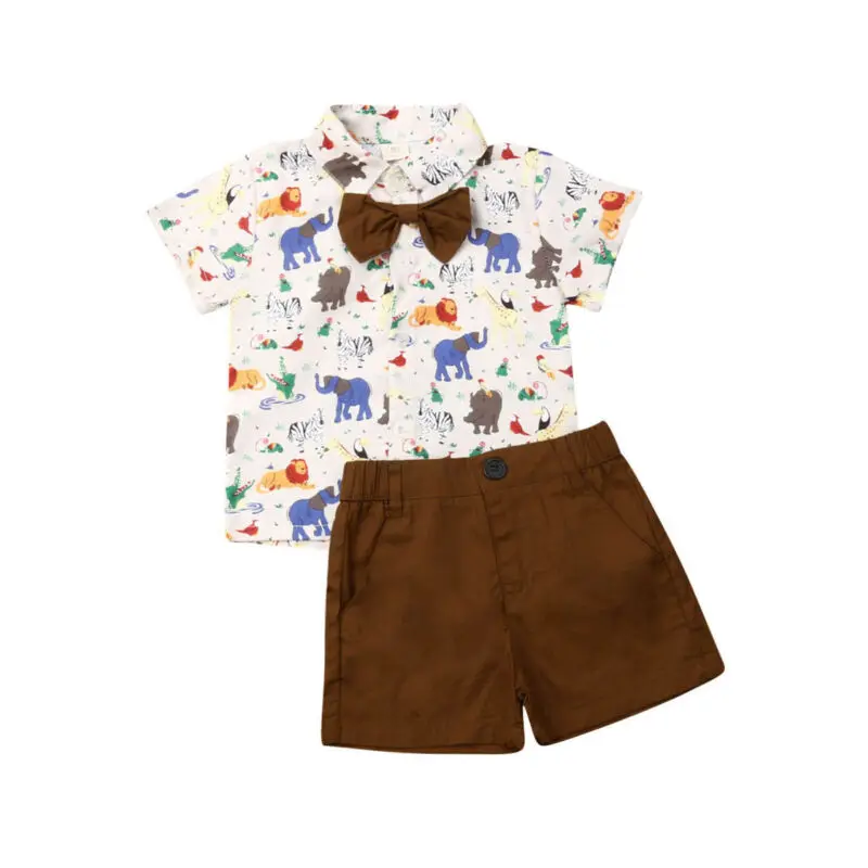 

Formal Suits Kid Baby Boy Summer Gentlemen Sets Bow Tie T-shirt Shorts 2Pcs Boy Clothiong Outfits Animals Print Tops Shorts 0-5Y