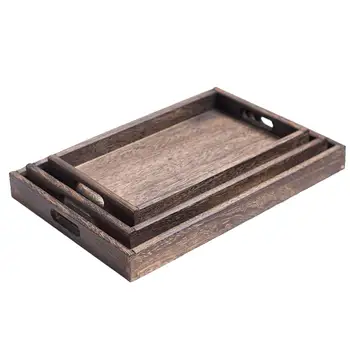 

Hot Selling Rectangular Solid Natural Wooden Tea Tray Holder Tableware Dinner Breakfast Holder Portable Tray For Home Hotel
