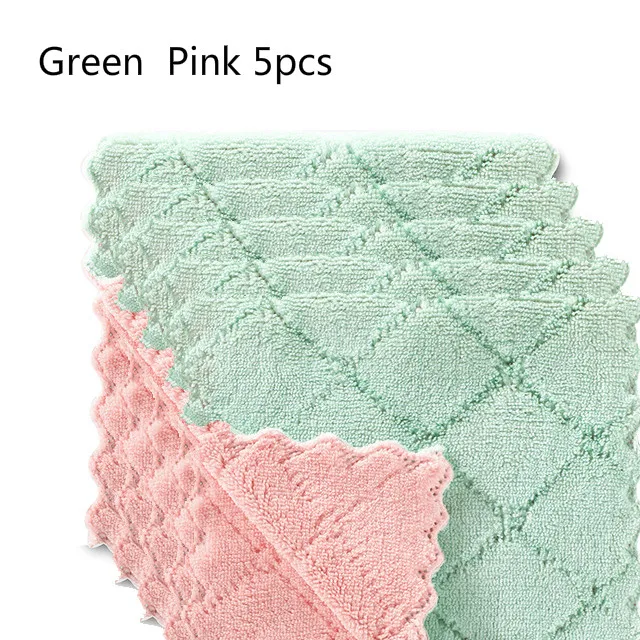 Green Pink 5pcs 5 шт. дешевле двухслойная впитывающая салфетка из микрофибры для кухонной посуды с антипригарным маслом для бытовой очистки протирающее полотенце Kichen инструменты - Цвет: Green Pink 5pcs
