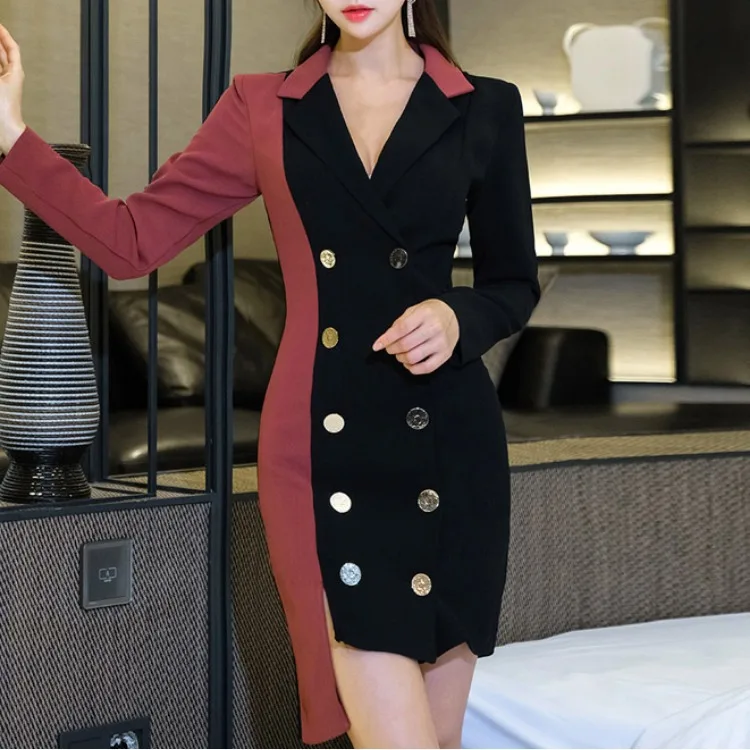 

WOMEN'S Dress 2019 New Style Debutante Elegant Double Breasted Contrast Color Slim Fit Sheath Non-symmetrical Sexy Dress