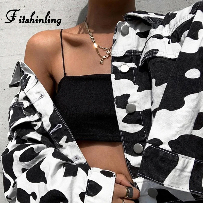 

Fitshinling Milk Print Jeans Jackets For Women Streetwear Buttons Pockets Coat Female Black White Slim Cropped Denim Jacket Sale
