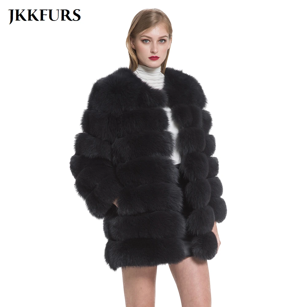 JKKFURS 2021 Women's Winter Warm Thick Real Fox Fur Coat 7 Rows Natural ...