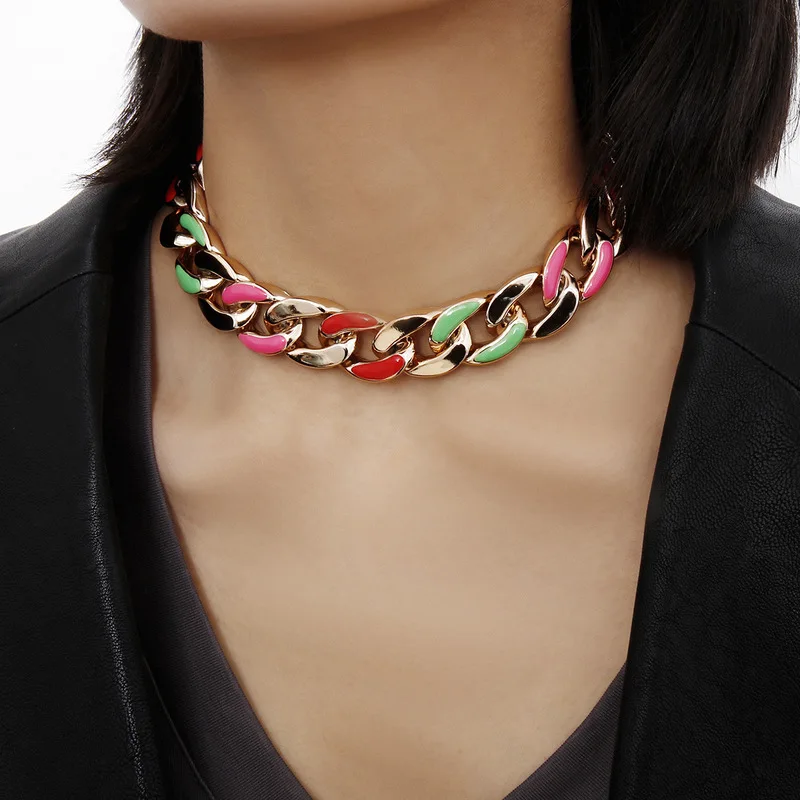 

exaggerated chain geometry sautoir personality punk metal oil painting color necklace restoring ancient ways