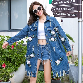

2020 New Denim Jacket Women Fashion Flower Embroidered Long Coat Women Jackets loose Denim Coat Holes Windbreaker Sequins NZY118