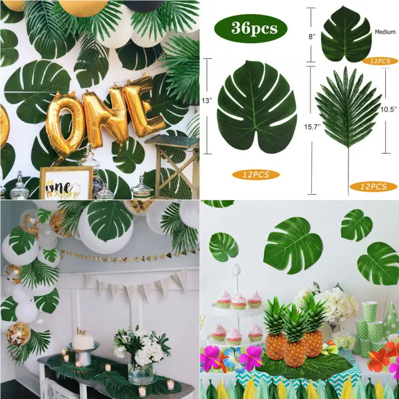 36 Pcs Artificial Palm Leaves Tropical Plant Faux Leaves Luau Party Decoration Green Plants Greenery Wedding Party Decor Sets