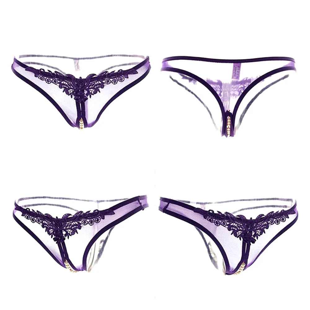Erotic Crotch Open G String Thong Lingerie Women Sexy Crotchless Panties Bowknot Pearls Lace Underwear Home Wear