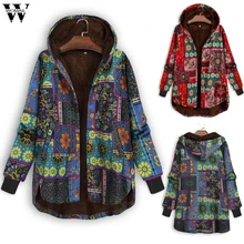 Womail плюс бархатное Пальто Зимняя мода кнопка мягкого размера плюс пальто этнический принт женские сохраняющие тепло куртки и пальто с капюшоном