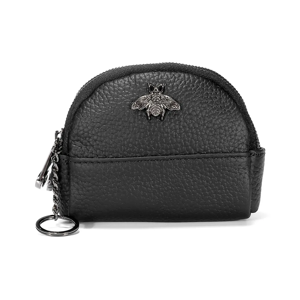 Cow Coin Purse Wallet Woman Card Genuine Leather Change Purses Double Zipper Shell Key Ring Ladies Leather Wallets Coin Bag - Цвет: Черный