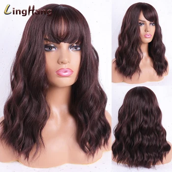 

LINGHANG Long Wigs Water Wavy Synthetic Wigs With Bangs Brown 6 Colors High Temperature And Heat Resistant Wigs For Women