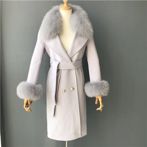 Light grey Женское шерстяное кашемировое пальто на зиму, модная теплая шерстяная одежда, женское элегантное двубортное шерстяное пальто с поясом - Цвет: Light grey