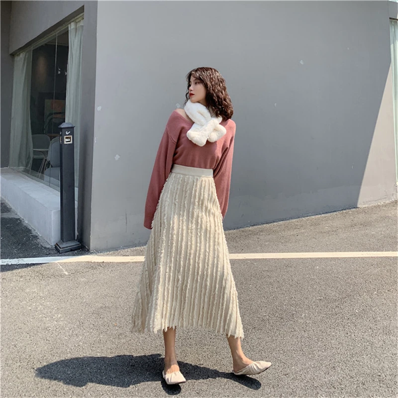 BGTEEVER Casual High Waist Striped Maxi Knitted Female Skirts Autumn Winter Elastic Waist A-line Thick Women Sweater Skirt