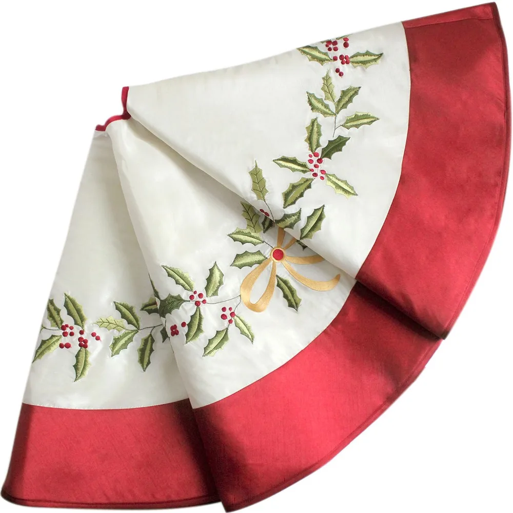 Белый искусственный шелк Холли Листья Вышивка Рождественская елка юбка с красной каймой украшения 50"
