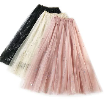 

RUGOD Summer Multicolored Sequined Summer Skirt Elastic High Waist Mesh Fairy Skirts Female Casual Lady Long Length Skirts