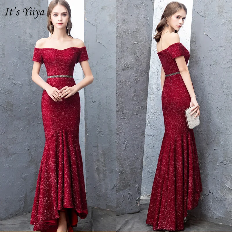 

It's YiiYa Evening Dress 2019 Elegat Plus Size Boat Neck Short Sleeve Robe De Soiree Sequin Mermaid Women Party Dresses V141