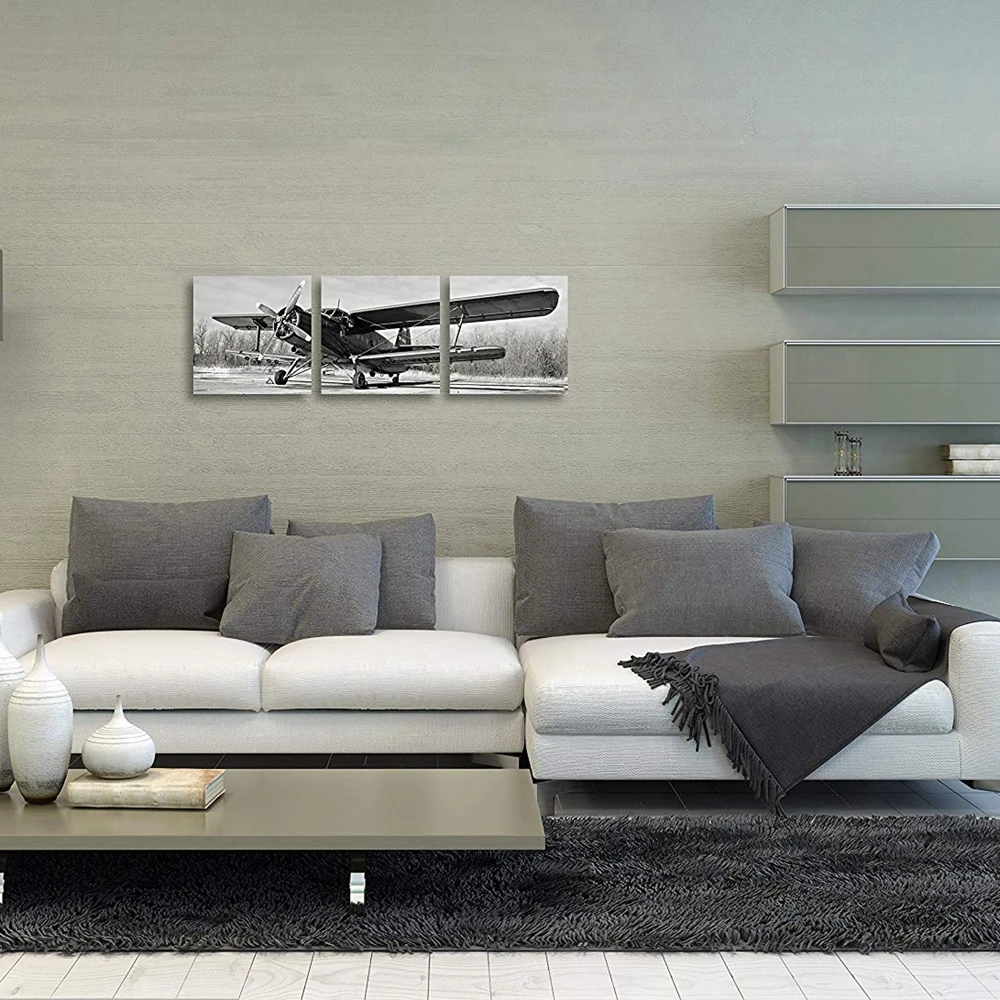Black-and-White-Vintage-Airplane-Landscape-Canvas-Painting-for-Bedroom-Office-Home-Wall-Decor-Giclee-Print