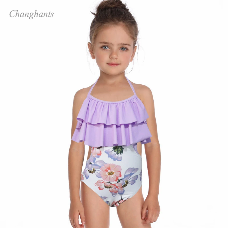 Girl one piece Swimsuit Blue and Purple with flowers print kid swimwear Children bathing suit child summer beach wear - Цвет: Фиолетовый