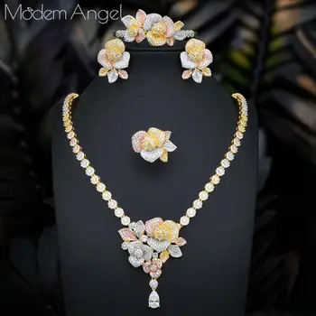 

ModemAngel NEW Luxury Flower 4pcs African Cubic Zircon CZ Nigerian Jewelry sets For Women Wedding Dubai Gold Bridal Jewelry Sets
