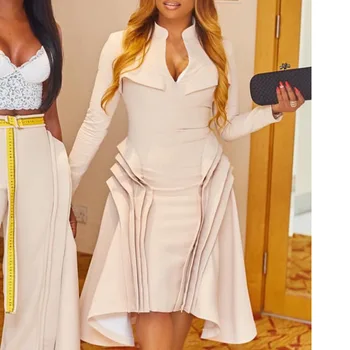 

Kakhi Knee Length Cocktail Dresses Long Sleeves V Neck Tiered Ruffles Formal Party Dress Gown Plus Size Women Real Dress ESAN249