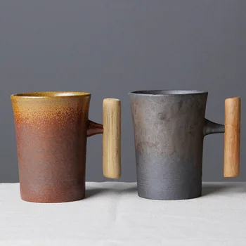 

Japanese Style Vintage Ceramic Coffee Mug Tumbler Rust Glaze Tea Milk Beer Mug with Wood Handle Water Cup Home Office Drinkware