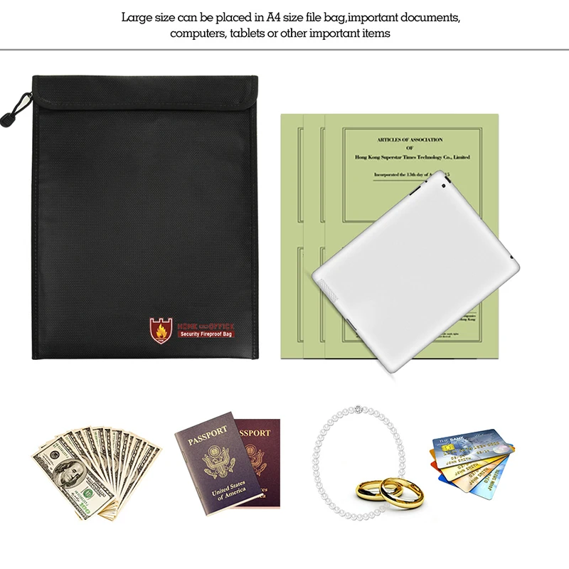 1× Fire Resistant Document Bag Fireproof Protection Bag Pouch Files Photo Safety