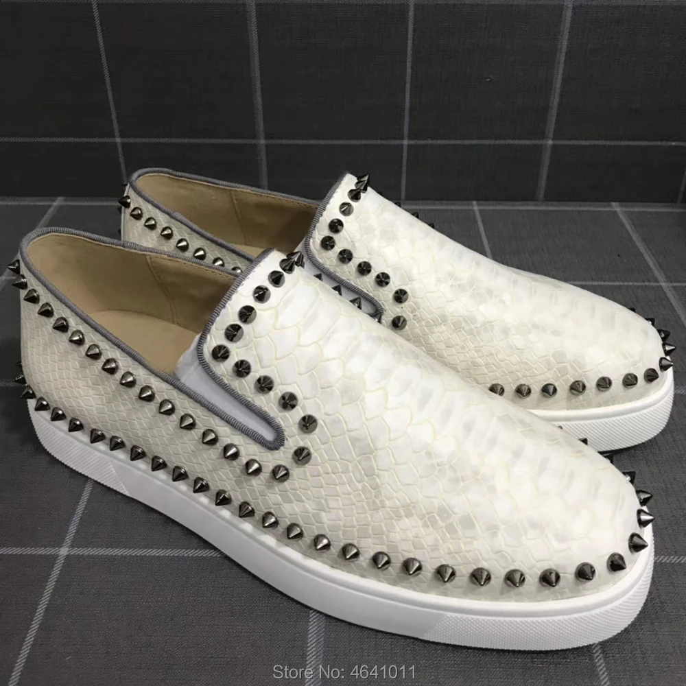 

Slip on cl andgz Full White snake Cow leather Red bottom Low Cut Sneaker For Men Sports shoes circle Rivet casual Flat Loafers