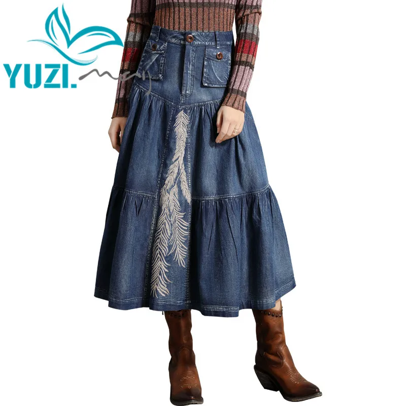 Женская джинсовая юбка в стиле бохо Yuzi.may винтажная с вышивкой и накладным