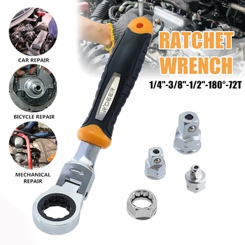 

5 PCS 72T Ratchet Wrench Set 1/4" 3/8" 1/2" Metric Quick Sleeve Joint 180° Car Hand-held Disassembly Tools Car Accesories
