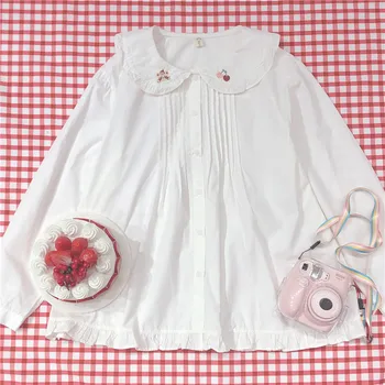

Harajuku Preppy Style Cute Cherry Bear Embroidery Blouse Autumn Japanese Mori Girl Doll Collar Ruffle Shirts Student Loose Tops