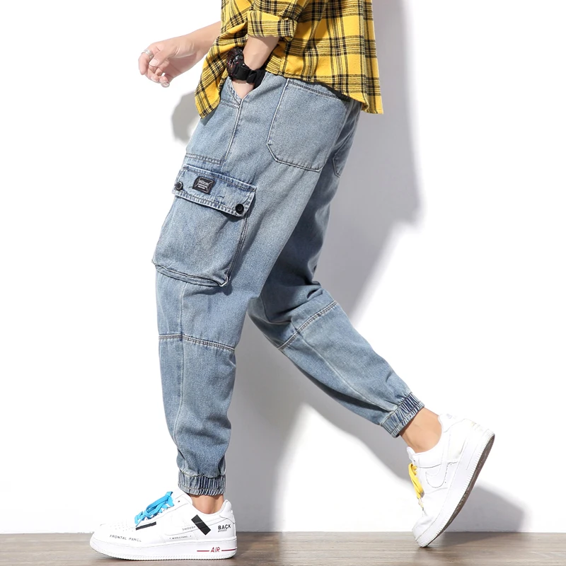 

Yasword Men Jeans Pants Trousers Straight Ankle-Length Solid Color Casual Fashion Loose Male Elastic Waist Clothing Streetwear