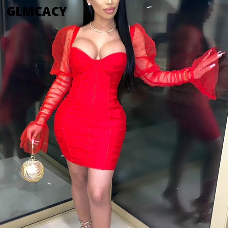 

Off Shoulder Long Sleeve Bodycon Dress Women Mesh Insert See Through Sexy & Club Party Solid Bandage Dress