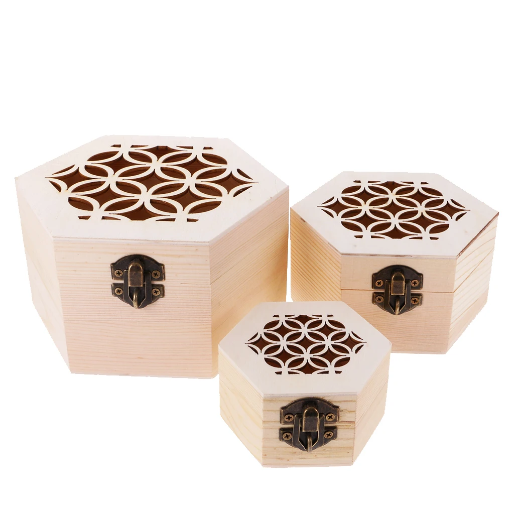

Hexagon Plain Wooden Jewellery Case Storage Box DIY Craft Kids Adult Memorial Keepsake 3-piece