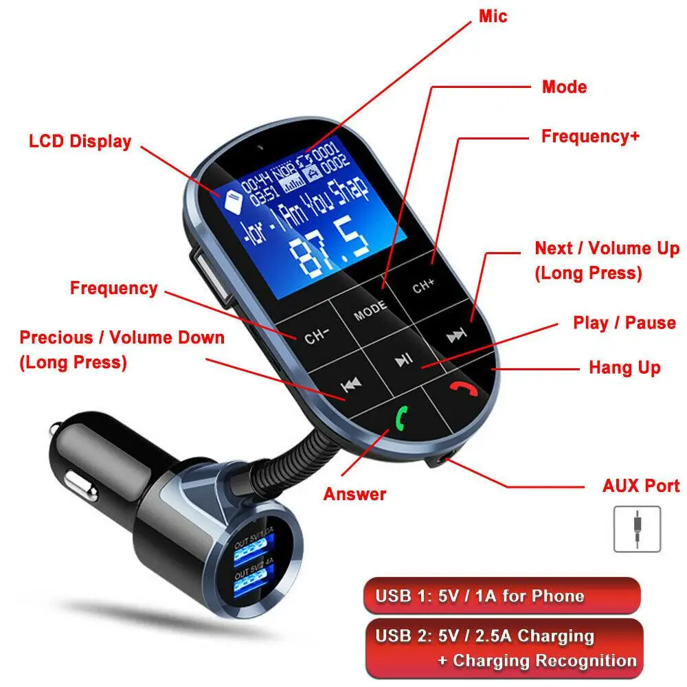 Fm-передатчик модулятор беспроводной Bluetooth громкой связи большой ЖК-экран дисплей TF карта двойной USB 2.4A 2.1A порт U диск r20