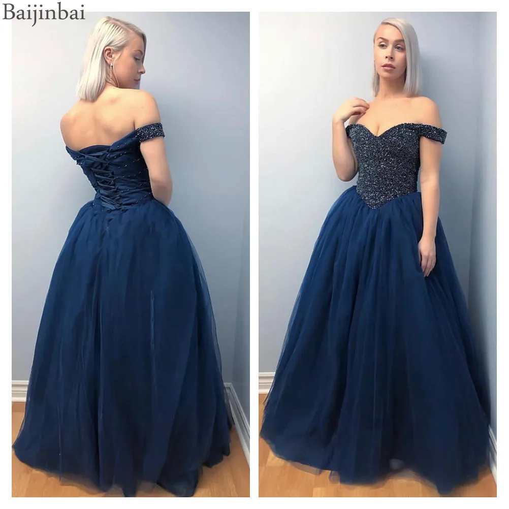 Baijinbai с открытыми плечами темно-синие платья для выпускного вечера vestidos de fiesta de noche роскошное Бисероплетение вечерних платьев длиной до пола тюлевые вечерние платья