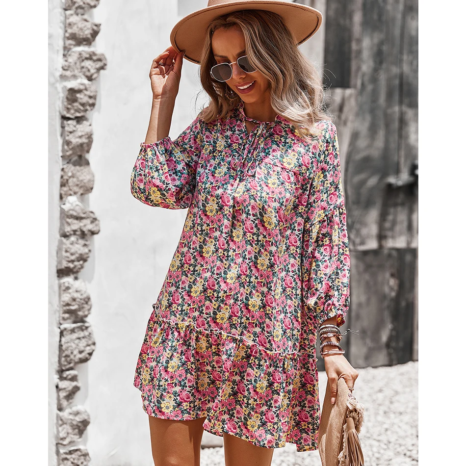 GXDS Floral Loose Dress 2021 Autumn Hot Boho Beach Style Office Lady Clothing New Fashion Bow-Kont Outfits Soft Casual Dresses | Женская