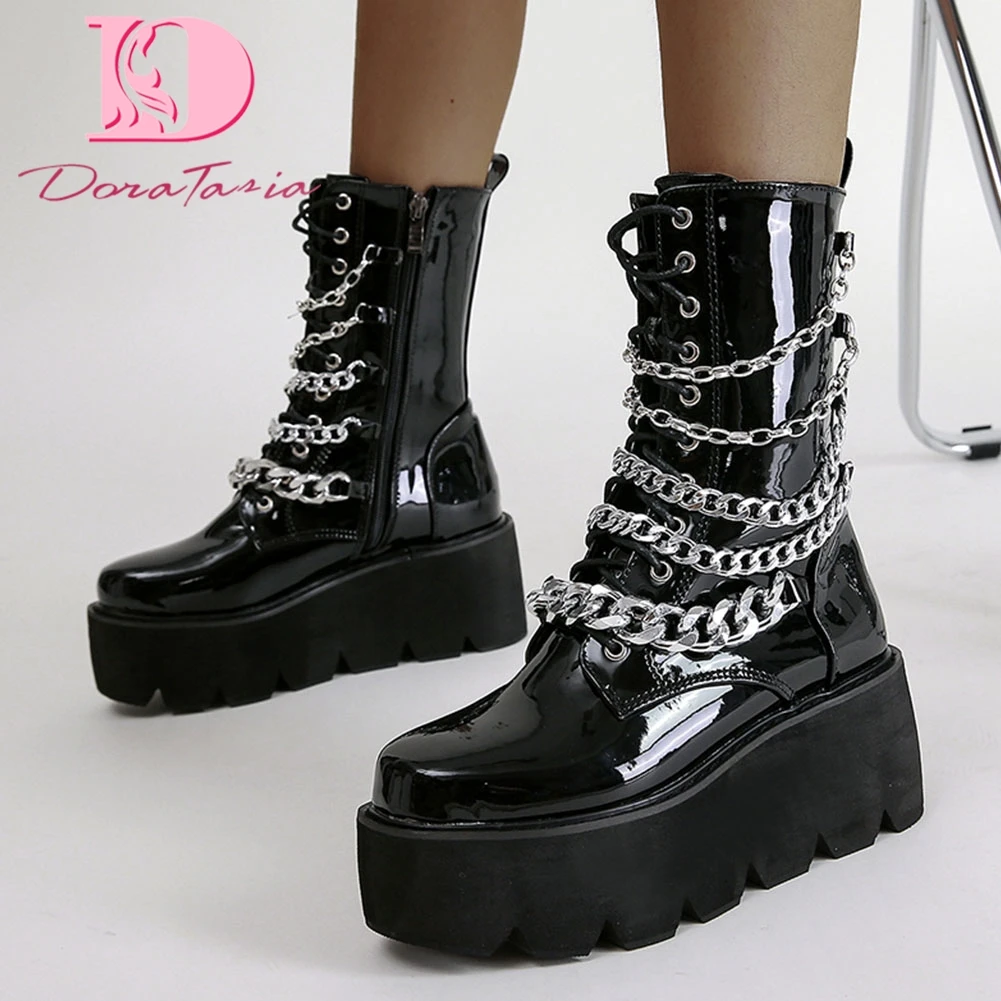 

DoraTasia Big Size 34-43 Female Ankle Boots Platform Wedges High Heels Chain Women Motorcycle Booties Brand New Fashion Shoes