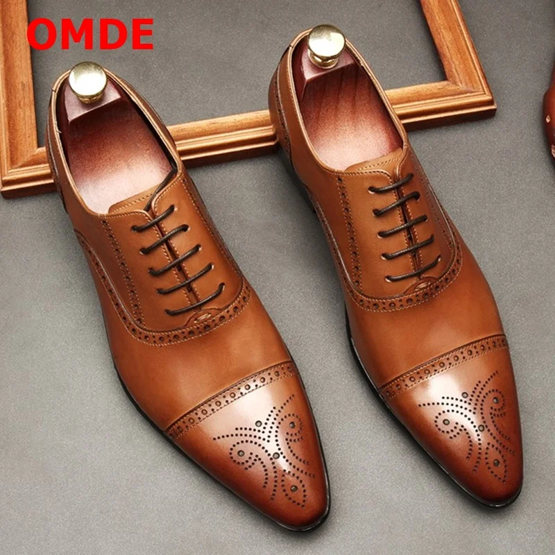 

OMDE Oxford Shoes For Men Pointed Toe Lace-up Wingtip Genuine Cow Leather Brogue Formal Shoes Handmade Mens Dress Shoe