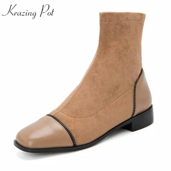

krazing pot new arrival hot vintage genuine leather round toe thick low heel keep warm patchwork stretch flock ankle boots l13