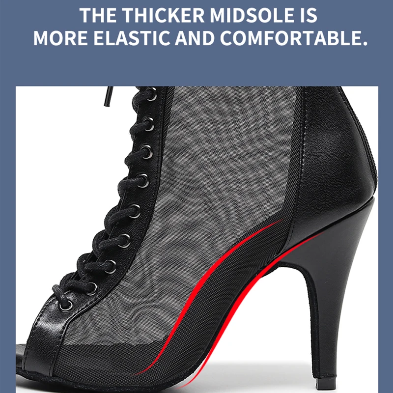 women High Tip Lace Up Ballroom Dance Boots ladies black Mesh high heel Bachata Salsa Dance Shoe women latin practice dance shoe 2