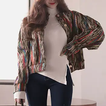 

Women round neck coat casual style warm full sleeve jackets fashion patchwork lady loose single breasted coat