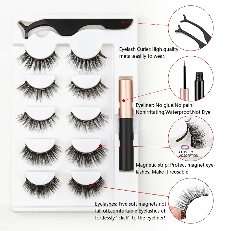 3/5/10pairs Magnetic Eyelashs 3D mink Lashes Magnet Liquid Eyeliner Tweezer Set False Eyelash Makeup Kit