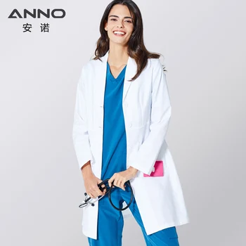 

ANNO White Lab Coat Elastic Fabric Doctor Uniform for Women Outfit Outwear Medical Clothing Long Sleeve Scrubs Suit